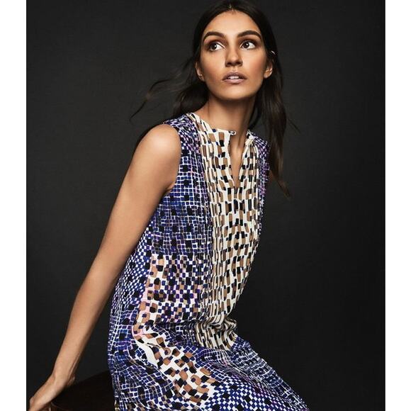 Reiss Saskia Sleeveless Shift Dress Size 2 Blue Abstract Tile - Picture 5 of 16